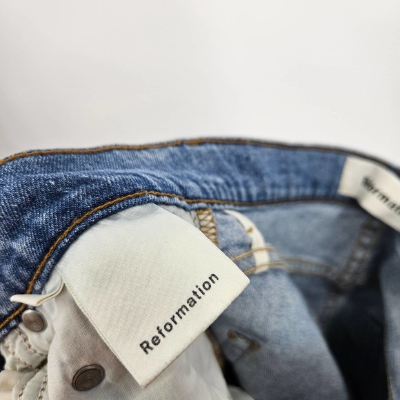 Reformation Jeans Blue Ripped Knee Distressed High Rise Straight Leg Denim Sz 27 - Picture 6 of 6